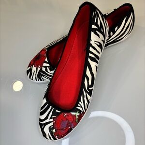 Brighton Zebra Print Flats with Red Floral Detail